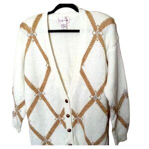 Y2k Jaclyn Smith Argyle Cardigan Sweater Medium Holiday Festive Cream Glitter Wa